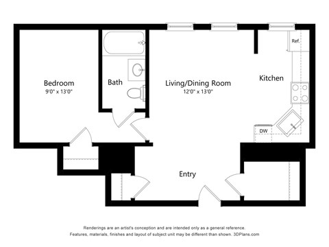 A floor plan of a home with a bedroom, bath, living/dining room, kitchen, and entry.